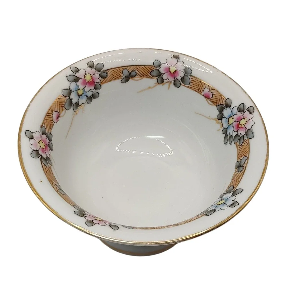 Antique Nippon Bowl Footed Hand Painted‎ Floral Gold Trim Candy Dish Rising Sun